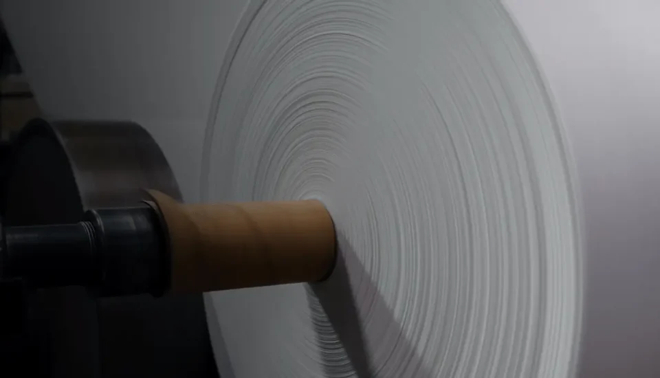 Large paper rolls are fed into a rotary printing press.