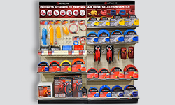 Our air hose plan-o-grams feature top selling hoses and reels identified and consolidated to fit store needs. Reel bracket available for display testing.