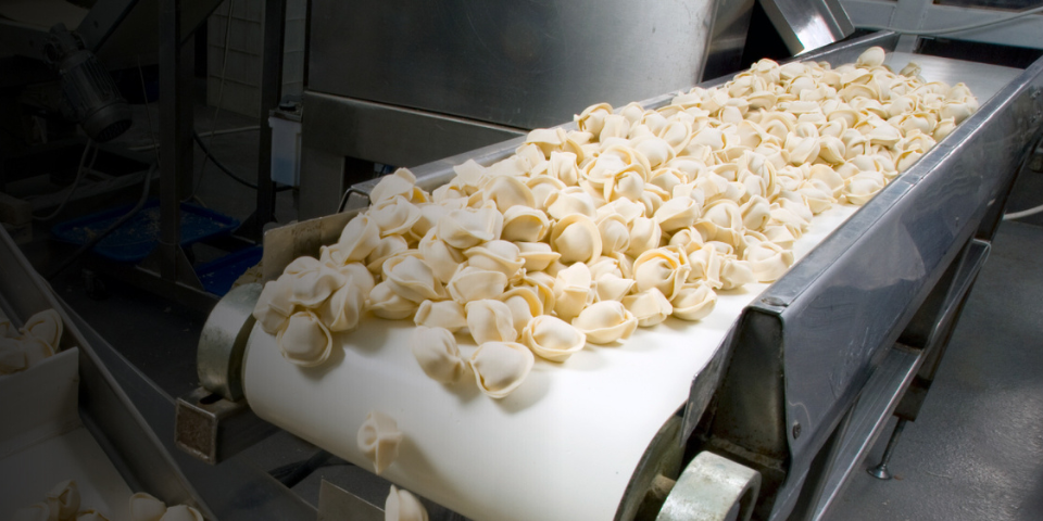 conveyor parts tortellini on a white conveyor