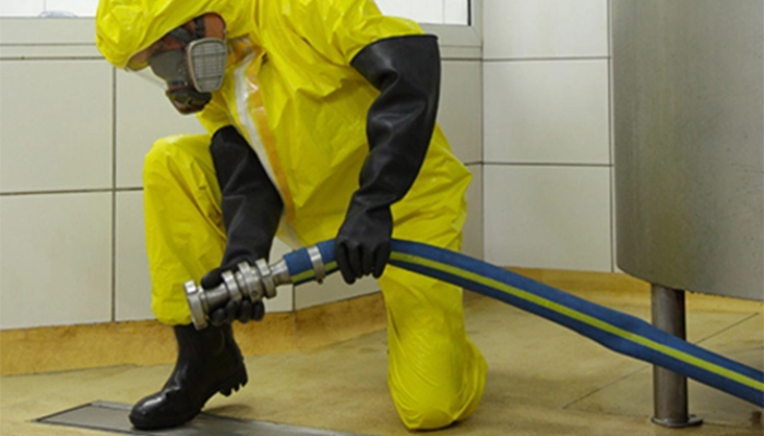 Technician in protective coveralls with large hose at industrial tank in plant