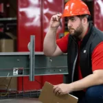 Motion Conveyance technician wearing personal protective equipment (PPE) and holding a clip board on site