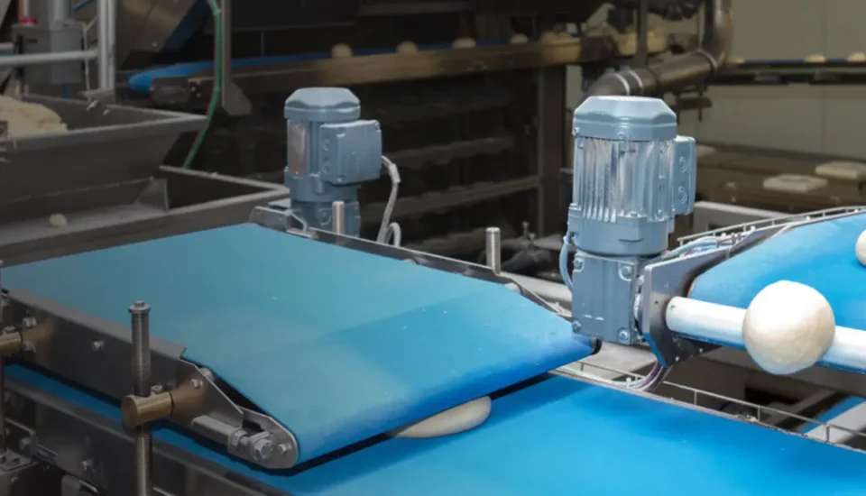 Blue conveyor belts moving fresh dough in a plant
