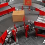 Conveyor belt curve showing brown packed Mi Motion boxes